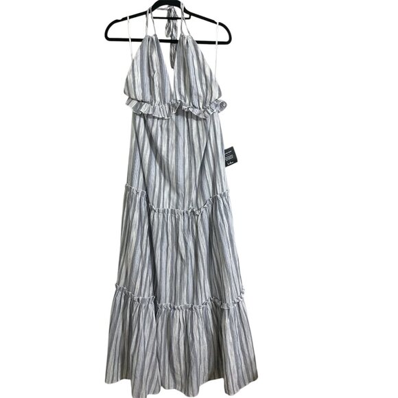 LULUS Vacay Babe‎ Grey Stripe Halter Maxi Dress New with Tags Large - Picture 2 of 11